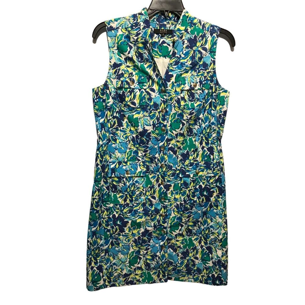 Alex Marie Size 12 Floral Button Up Sleeveless Dress Blue Green Floral Career